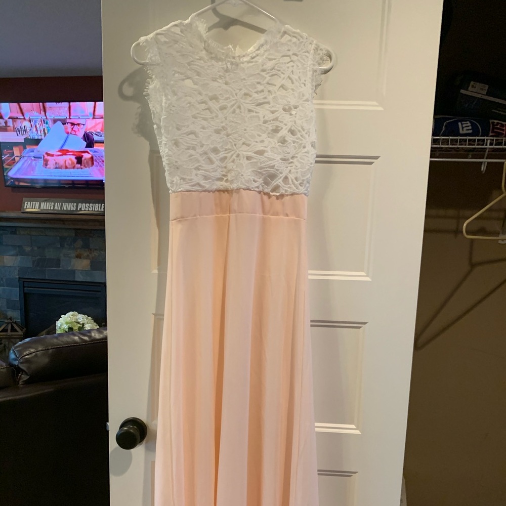 Maxi Dress - White Lace Top with pink bottom